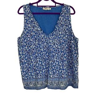 Vineyard Vines Sz L Katama Tile Blue Scarf Pintuck Top Blouse Coastal Boho